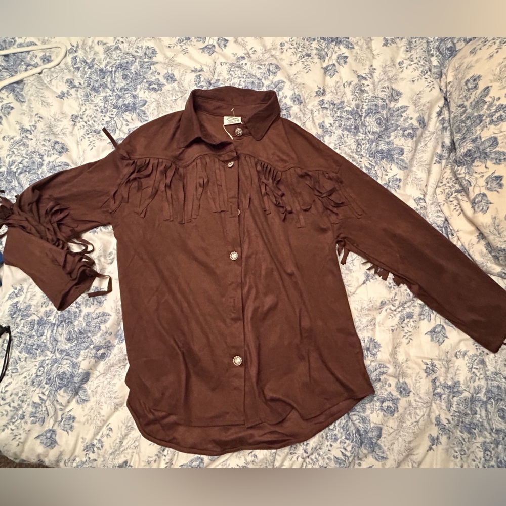Very J Brown Fringe Western Shirt with Silver Buttons